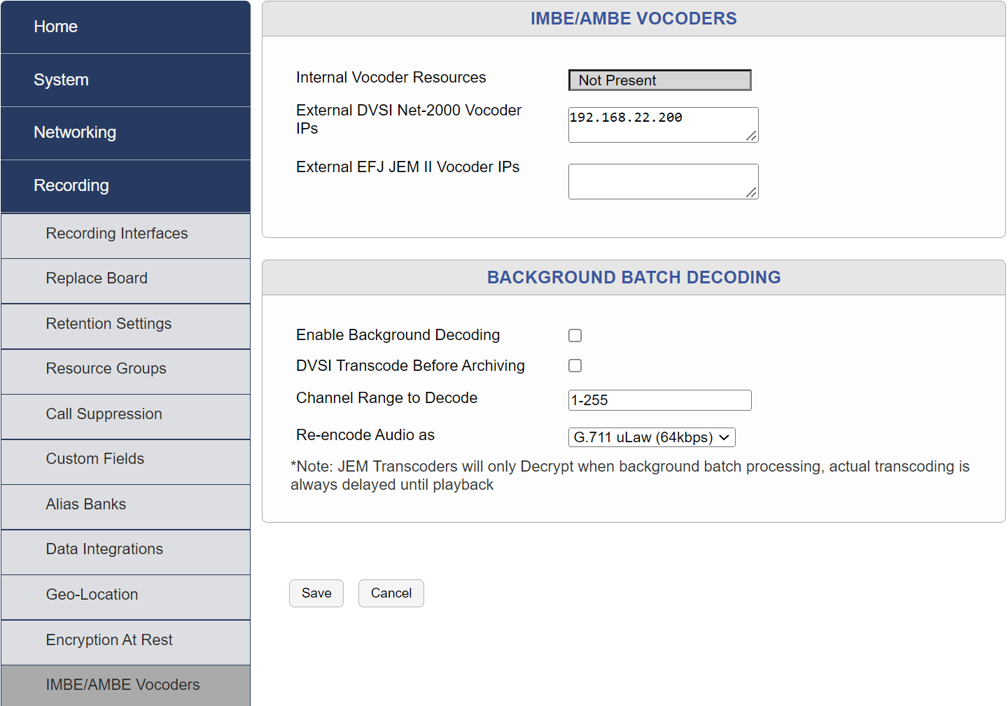 IMBE/AMBE Vocoder Settings