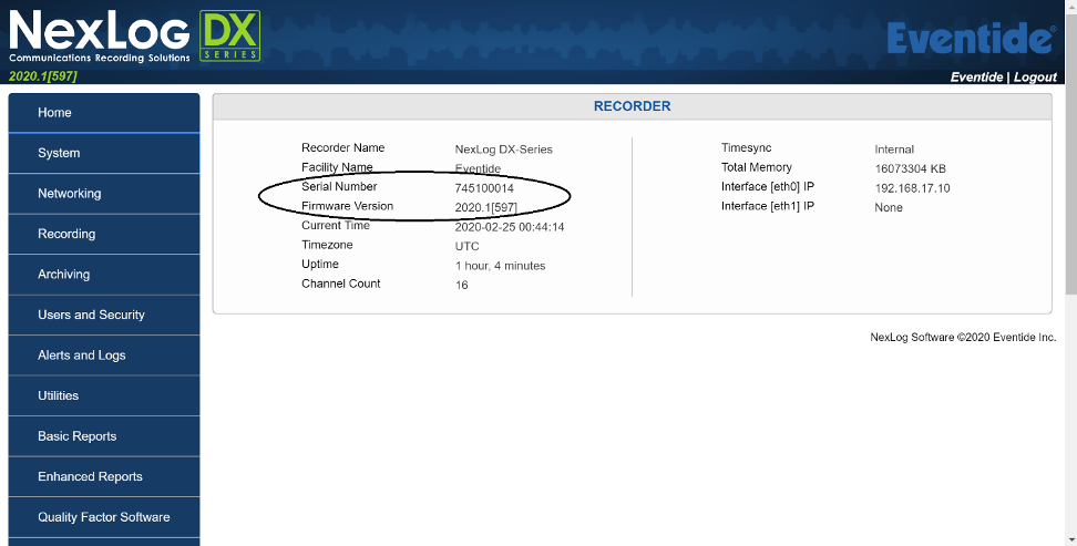 Configuration Manager Home Screen (with Serial and Firmware circled)