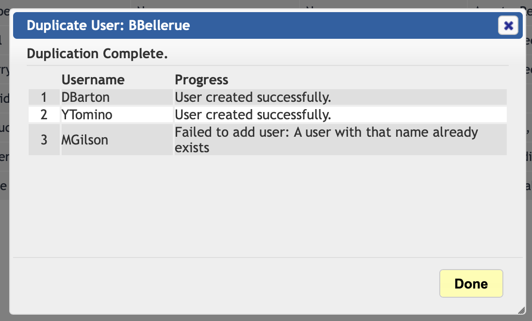 Duplicate User Results, with Error for User That Already Exists