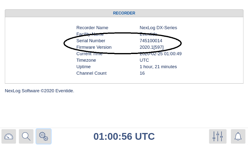 |FPName| Setup Screen (with serial and software version circled)