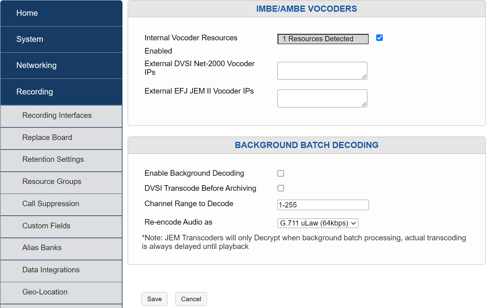 IMBE/AMBE Vocoder Configuration