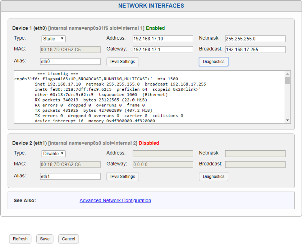 Network Interfaces Expanded to Show IPv6 Settings and Diagnostics