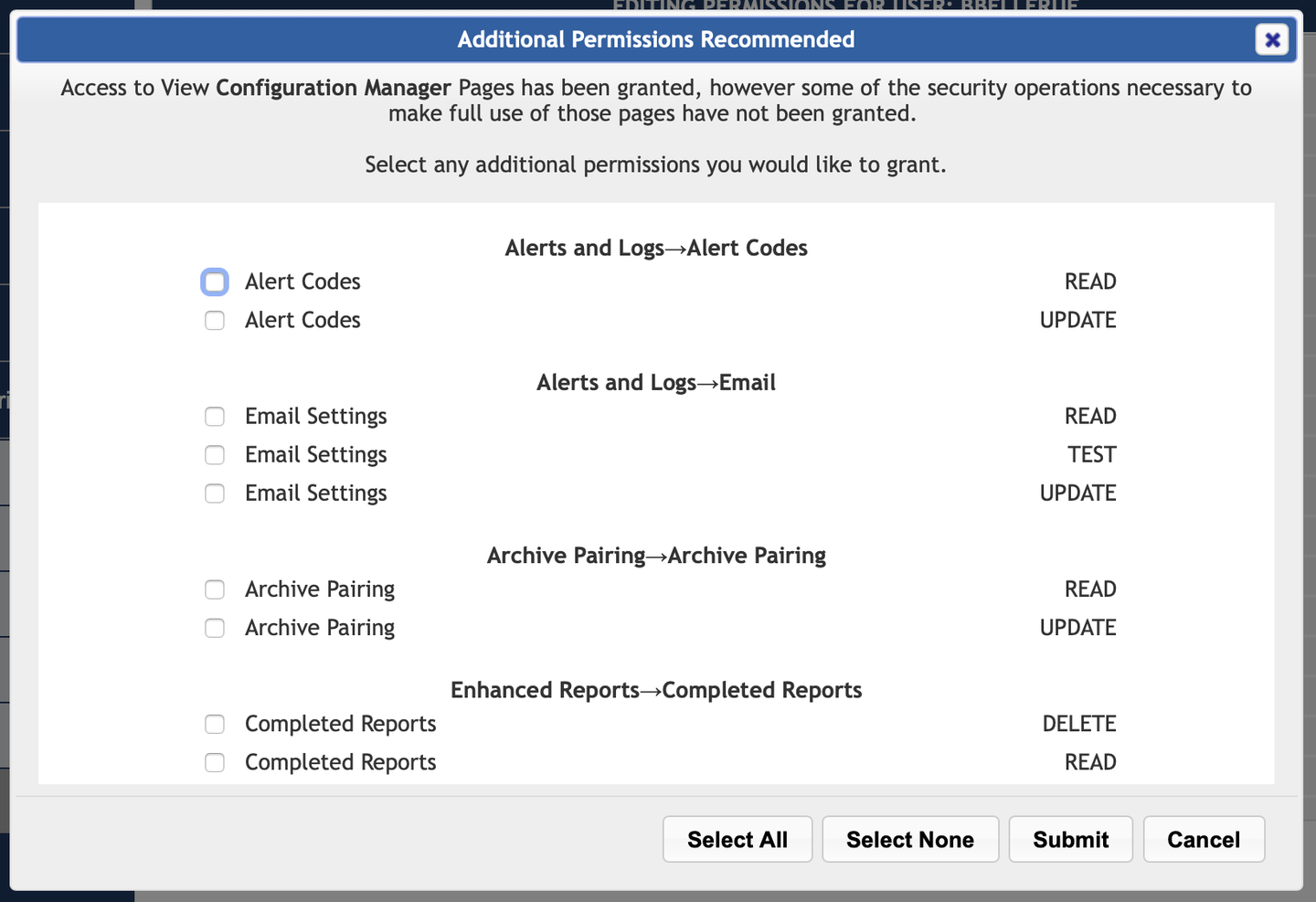 Additional Permissions Recommended Pop Up Wizard