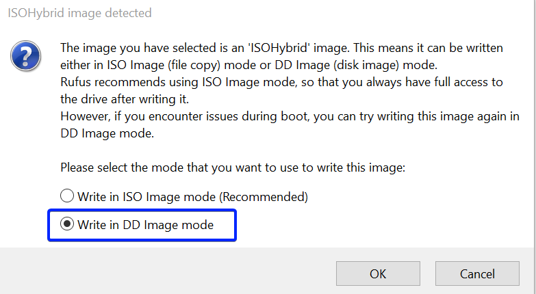 Rufus ISOHybrid mode selection