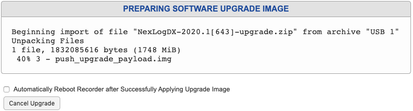 USB Upgrade In Progress, with Automatic Reboot Option