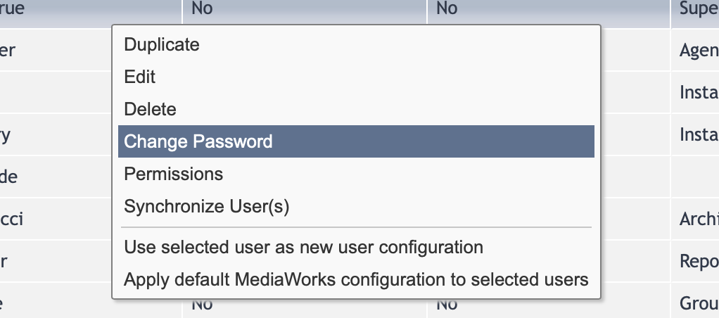 User Table Right-Click Context Menu